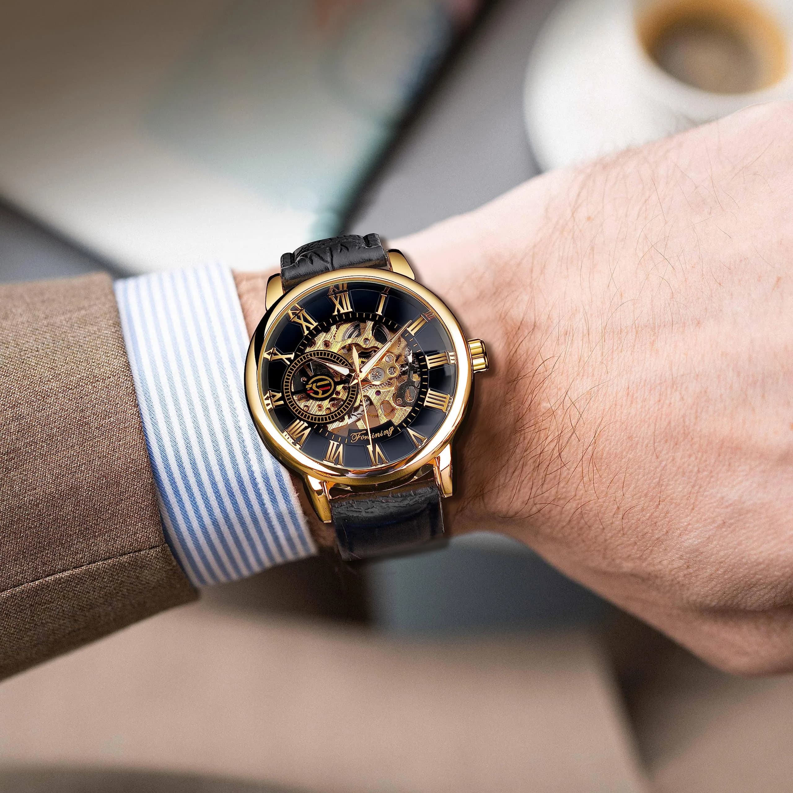 FORSINING Men's Skeleton Steampunk Mechanical Watch 44mm (1.73in) | Transparent Mesh Band Analog Watch - view 4