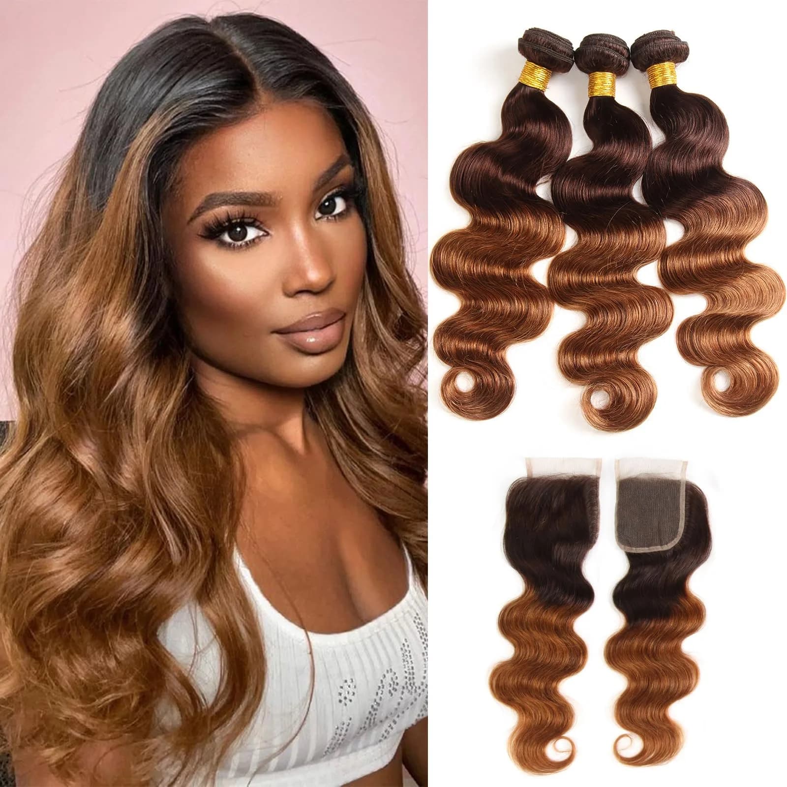 FASHION VILA Human Hair Bundles with Closure Body Wave 12 14 16+12 Inch T4/30 | 10A Grade Brazilian Virgin Remy Hair — Ombre Color