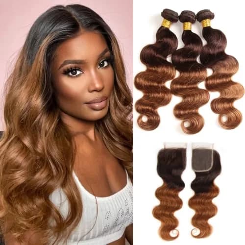 FASHION VILA Human Hair Bundles with Closure Body Wave 12 14 16+12 Inch T4/30 | 10A Grade Brazilian Virgin Remy Hair thumbnail 1