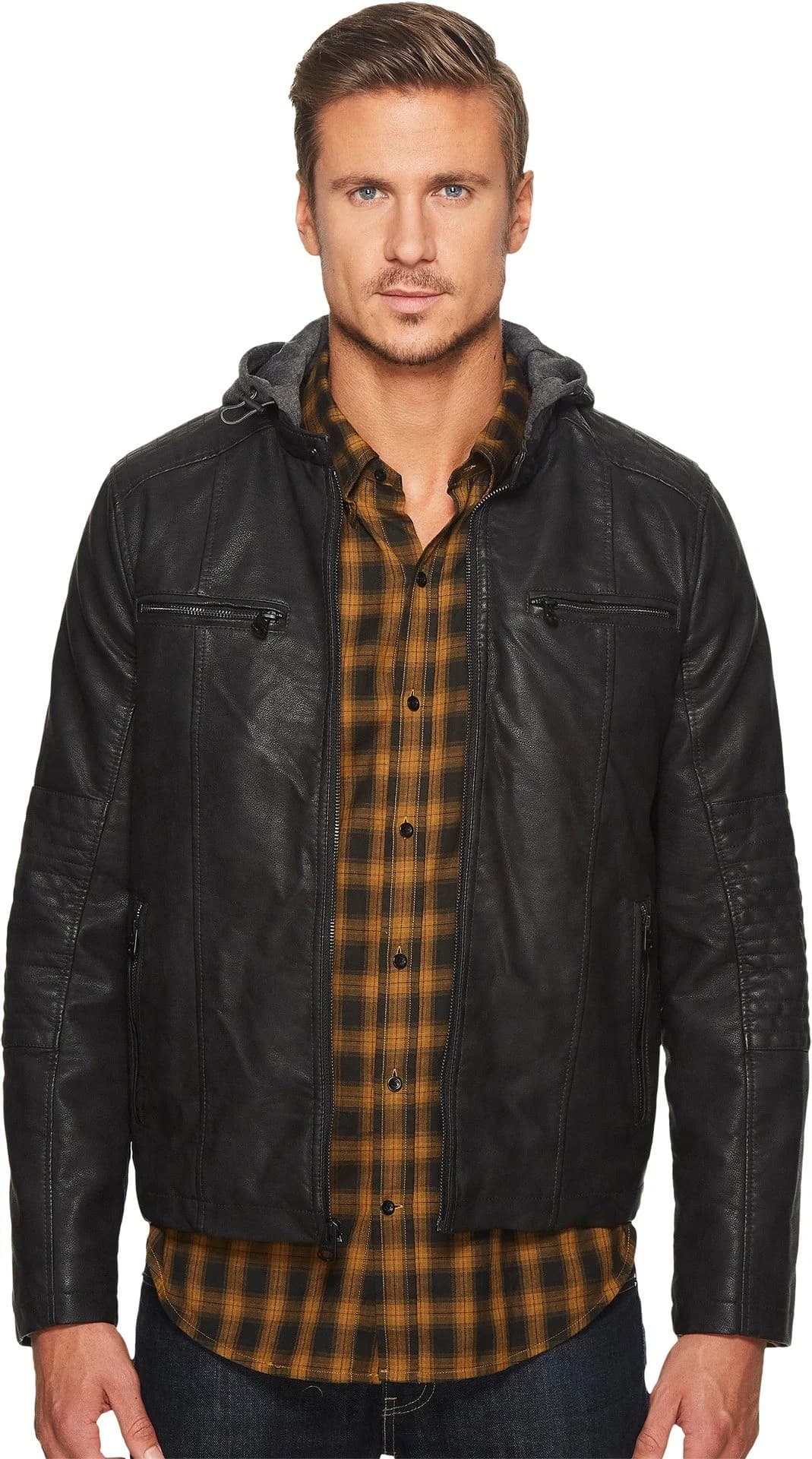 Levi's Faux Leather Racer Jacket Coat, Black, XL | Motorcycle Style with Adjustable Hood — Black Buffed Cow Hooded