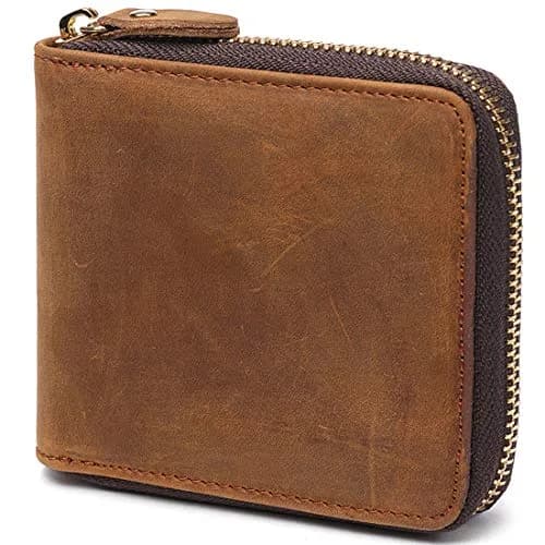 Huztencor Men's RFID Blocking Leather Bifold Wallet with Zipper ID Card Window | Crazy Horse Brown (11.5cm x 10.5cm x 2cm) thumbnail 1