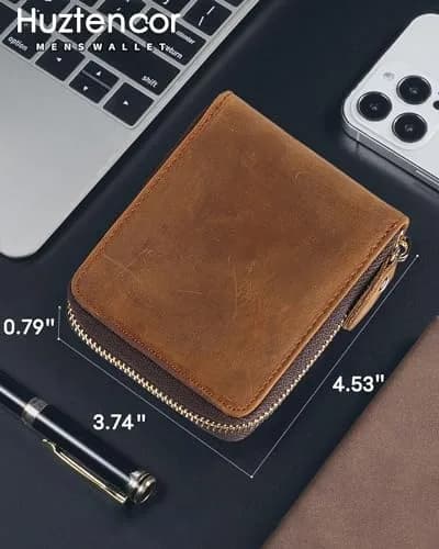 Huztencor Men's RFID Blocking Leather Bifold Wallet with Zipper ID Card Window | Crazy Horse Brown (11.5cm x 10.5cm x 2cm) thumbnail 3