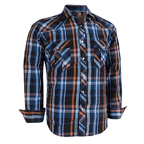 COEVALS CLUB Men's Long Sleeve Casual Western Two Pockets Work Plaid Pearl Snap Button Up Shirt (Orgnge,Blue/XL, 5#) | Durable Cotton-Polyester Blend thumbnail 1
