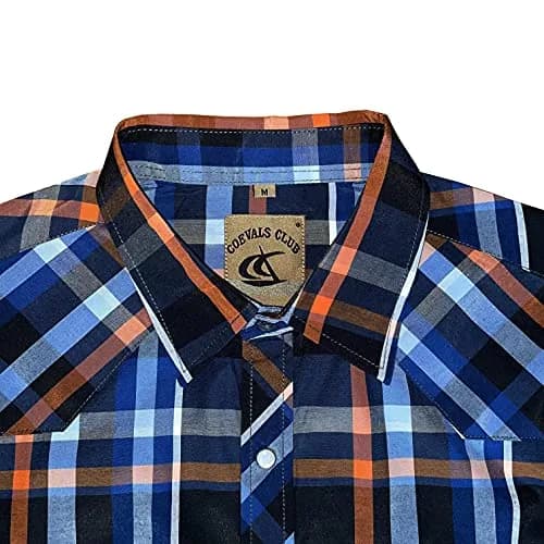 COEVALS CLUB Men's Long Sleeve Casual Western Two Pockets Work Plaid Pearl Snap Button Up Shirt (Orgnge,Blue/XL, 5#) | Durable Cotton-Polyester Blend thumbnail 3