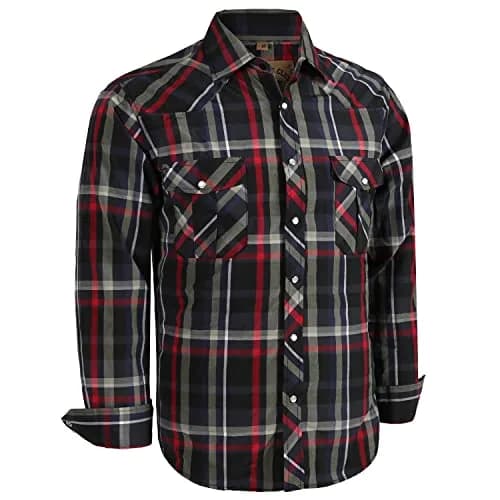 COEVALS CLUB Men's Long Sleeve Casual Western Two Pockets Work Plaid Pearl Snap Button Up Shirt (Black,Red/L, 6#) | Durable Cotton-Polyester Blend thumbnail 1