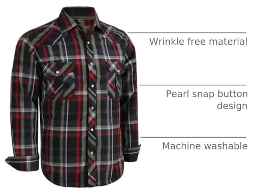 COEVALS CLUB Men's Long Sleeve Casual Western Two Pockets Work Plaid Pearl Snap Button Up Shirt (Black,Red/L, 6#) | Durable Cotton-Polyester Blend thumbnail 4
