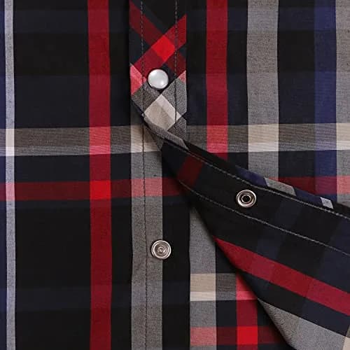 COEVALS CLUB Men's Long Sleeve Casual Western Two Pockets Work Plaid Pearl Snap Button Up Shirt (Black,Red/L, 6#) | Durable Cotton-Polyester Blend thumbnail 6