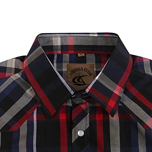 COEVALS CLUB Men's Long Sleeve Casual Western Two Pockets Work Plaid Pearl Snap Button Up Shirt (Black,Red/L, 6#) | Durable Cotton-Polyester Blend thumbnail 3