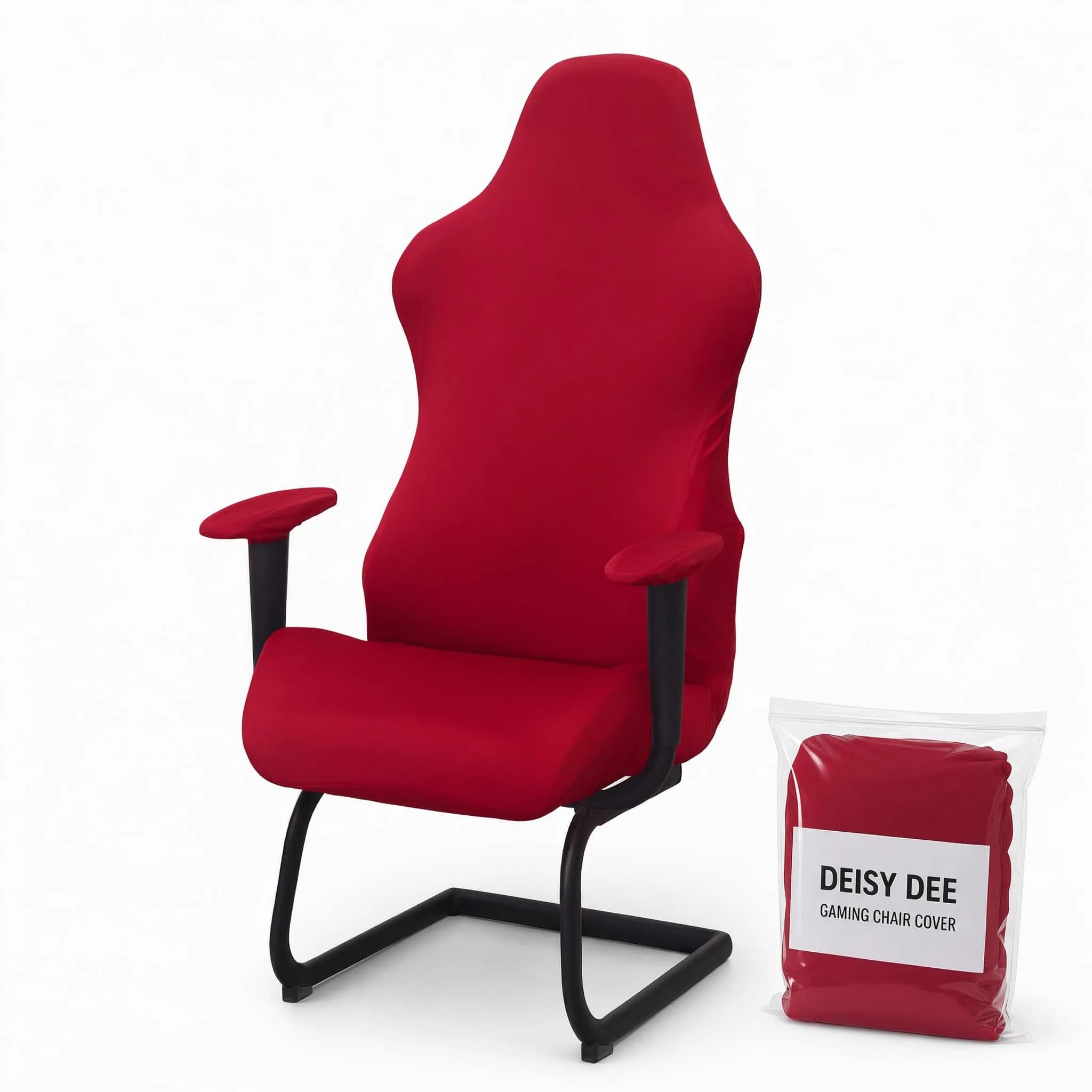 Deisy Dee 4-Piece Gaming Chair Cover Set Red | Universal Stretch Polyester Spandex Jacquard Knit — Red