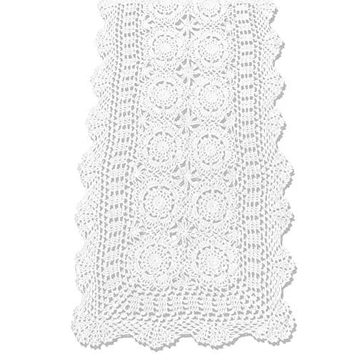 KEPSWET Cotton Handmade Crochet Lace Table Runner White 14x36 inch | Rustic Home Decor thumbnail 1
