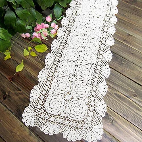 KEPSWET Cotton Handmade Crochet Lace Table Runner White 14x36 inch | Rustic Home Decor thumbnail 2