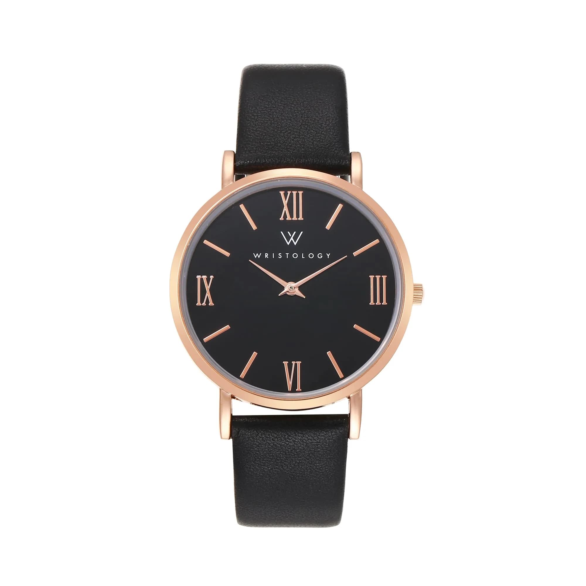 WRISTOLOGY Large face Roman Numerals Gold Womens Watch with Easy Change Band Boyfriend Watch - Clear Easy to Read Analog Face — Black / Black