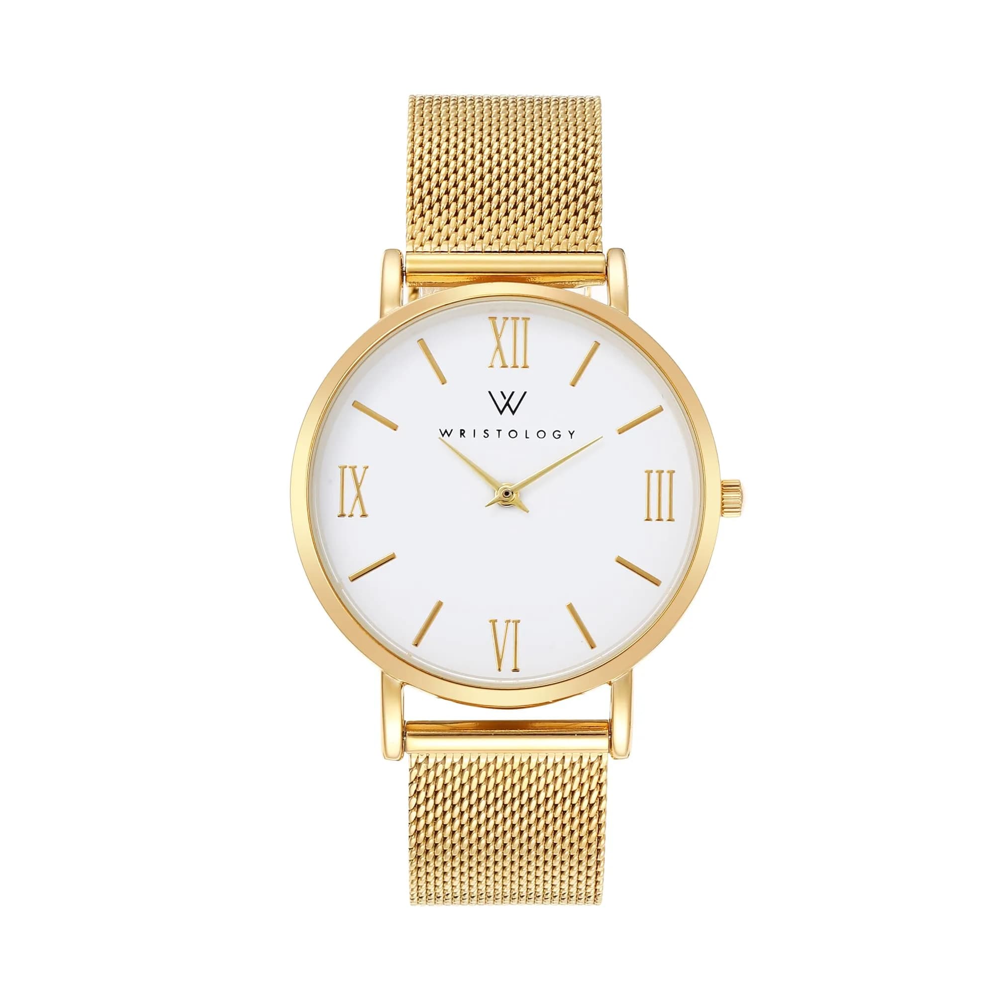 WRISTOLOGY Large face Roman Numerals Gold Womens Watch with Easy Change Band Boyfriend Watch - Clear Easy to Read Analog Face — Gold Metal Mesh