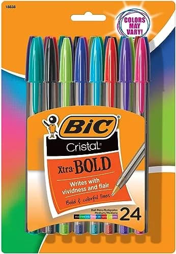 BIC Cristal Xtra Bold Ballpoint Pens, 1.6 mm, Assorted Colors, 24-Count Pack | Smooth Ink Flow for Color-Coded Notes thumbnail 1