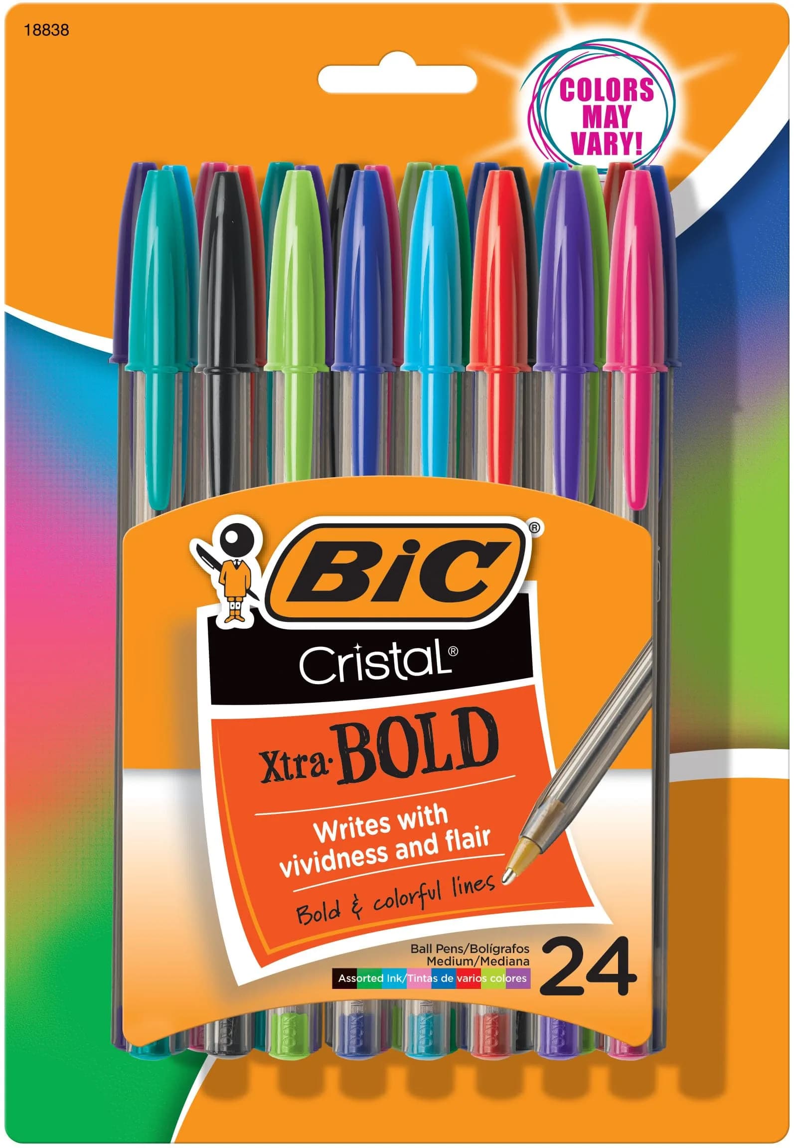 BIC Cristal Xtra Bold Ballpoint Pens, Vivid Assorted Ink, 1.6mm Bold Point, 24 Count Pack - main product image