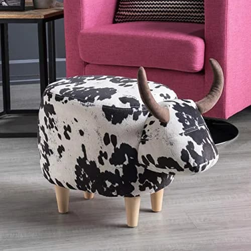 Christopher Knight Home Black Cow Velvet Ottoman 25.3"D x 14"W x 16.8"H | Cow Patterned Velvet Ottoman thumbnail 1