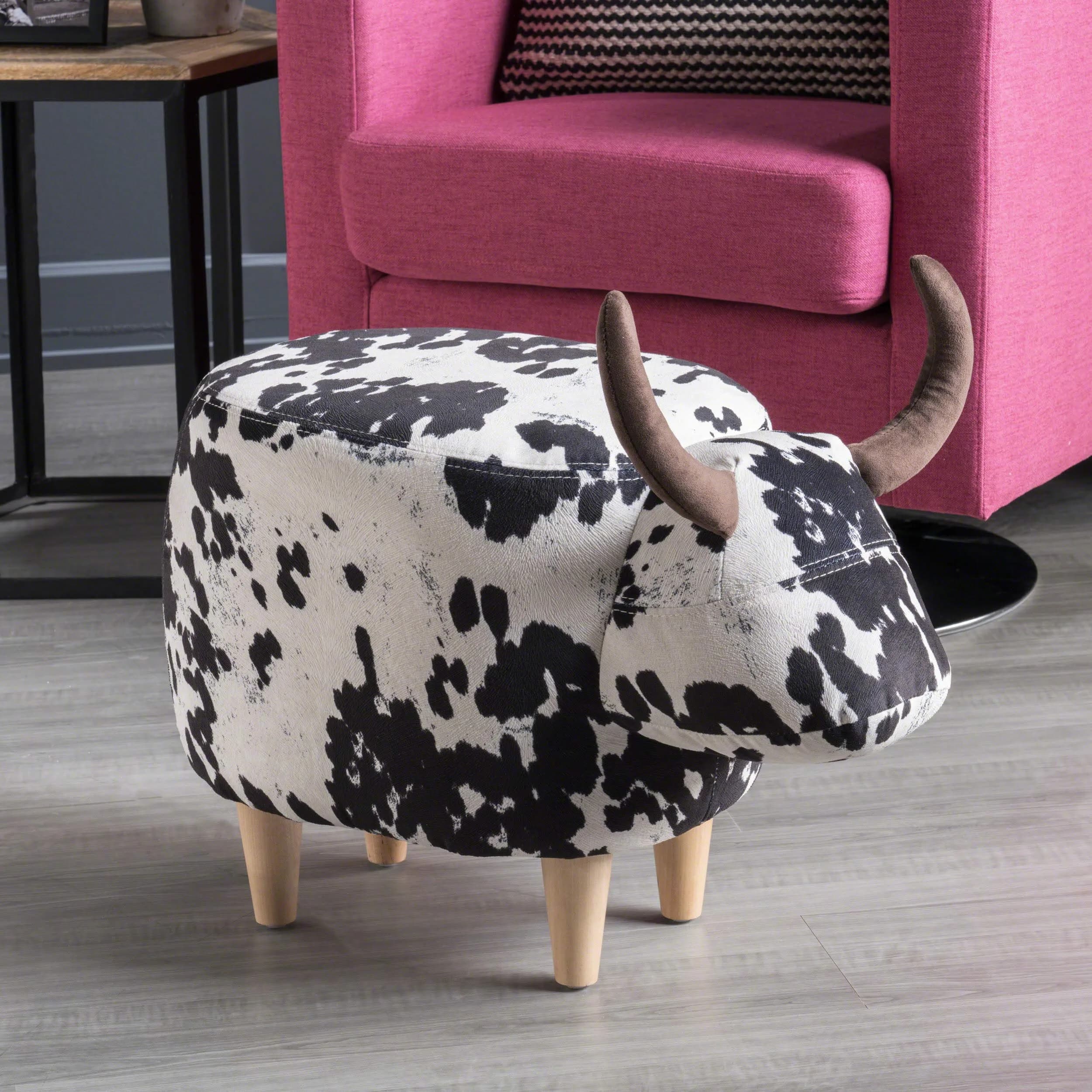 Christopher Knight Home Black Cow Velvet Ottoman 25.3"D x 14"W x 16.8"H | Cow Patterned Velvet Ottoman