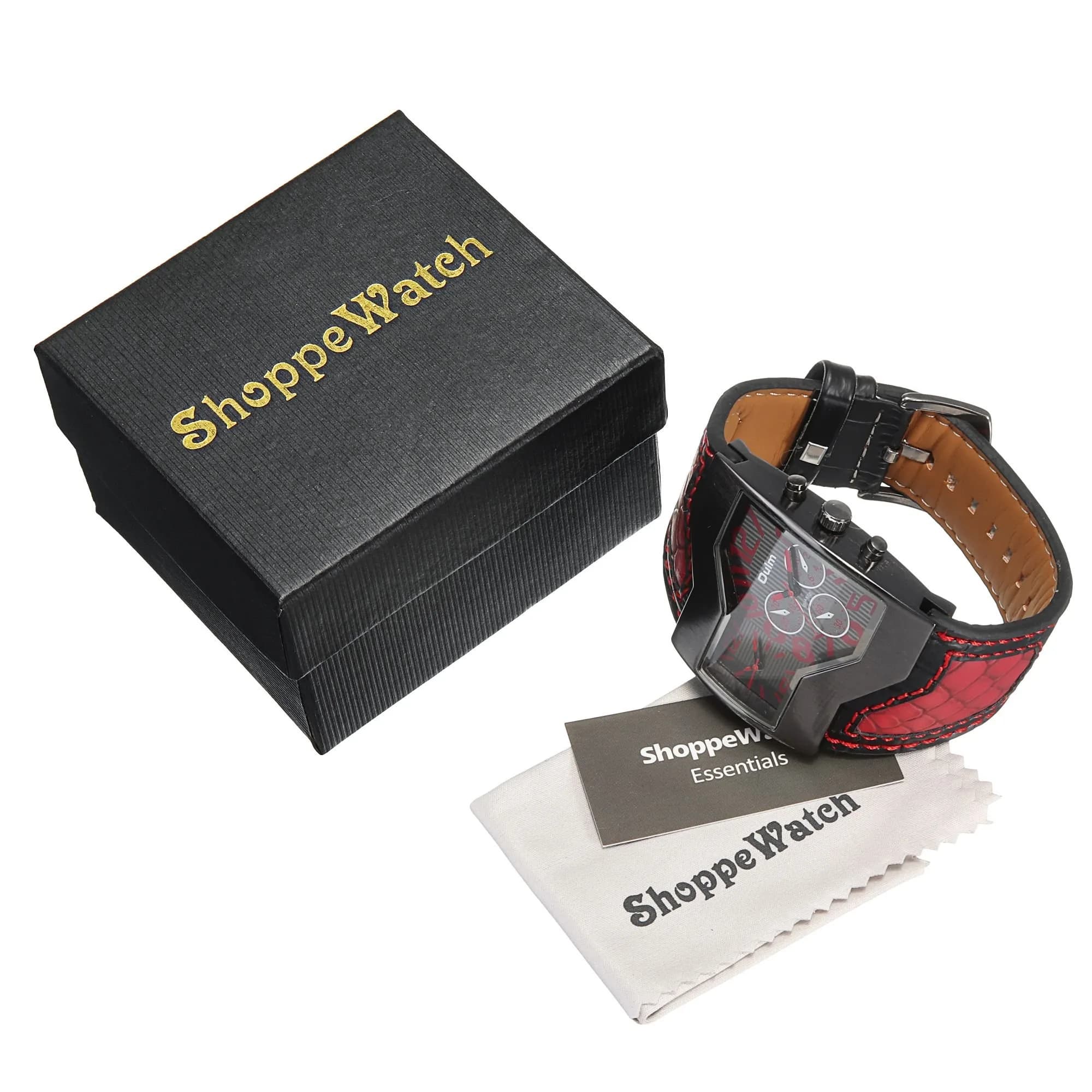 ShoppeWatch Dual Time Quartz Watch 54mm (2.13in) with Red Leather Strap | Oversized Dress Watch for Men - view 5