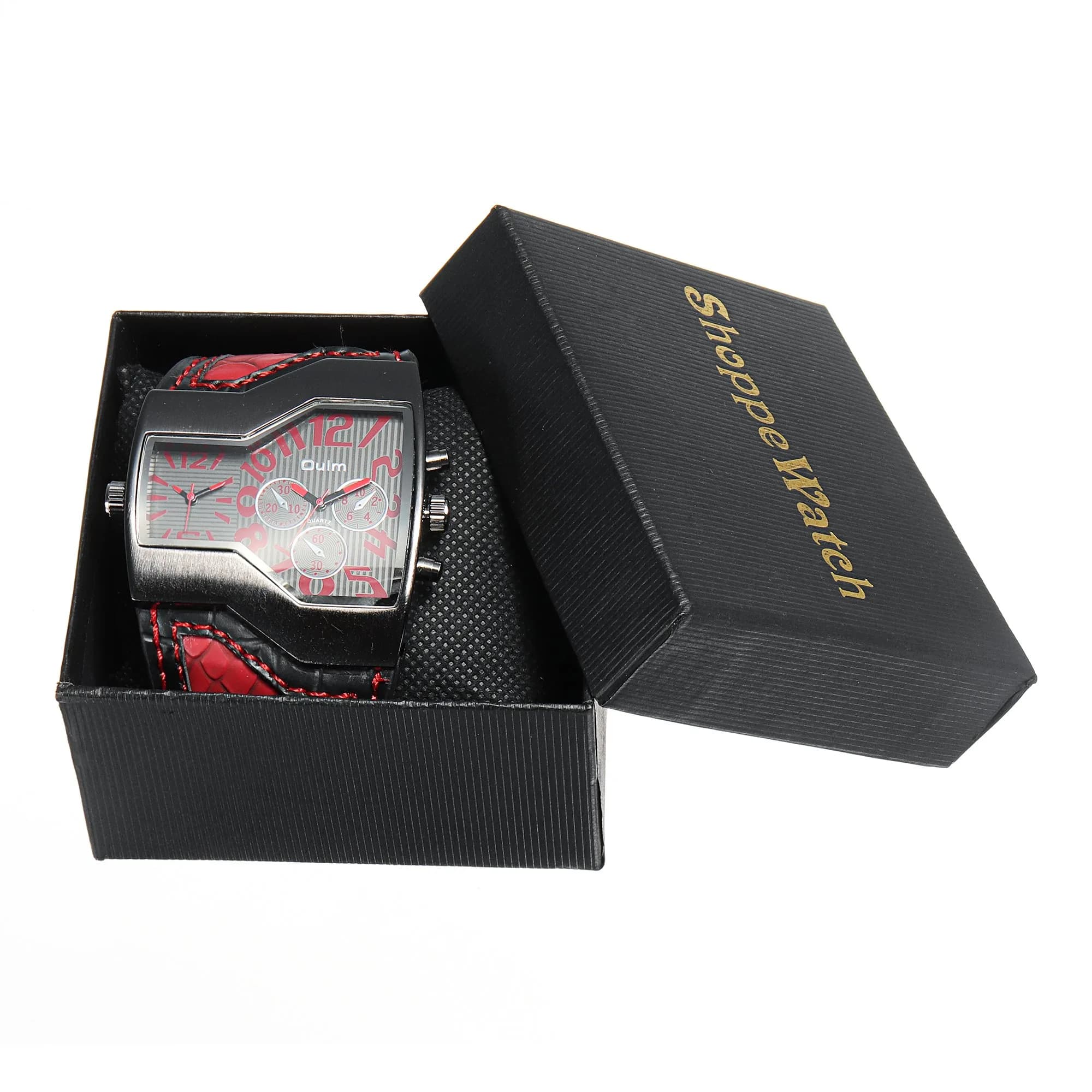ShoppeWatch Dual Time Quartz Watch 54mm (2.13in) with Red Leather Strap | Oversized Dress Watch for Men - view 6