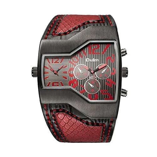 ShoppeWatch Dual Time Quartz Watch 54mm (2.13in) with Red Leather Strap | Oversized Dress Watch for Men thumbnail 1