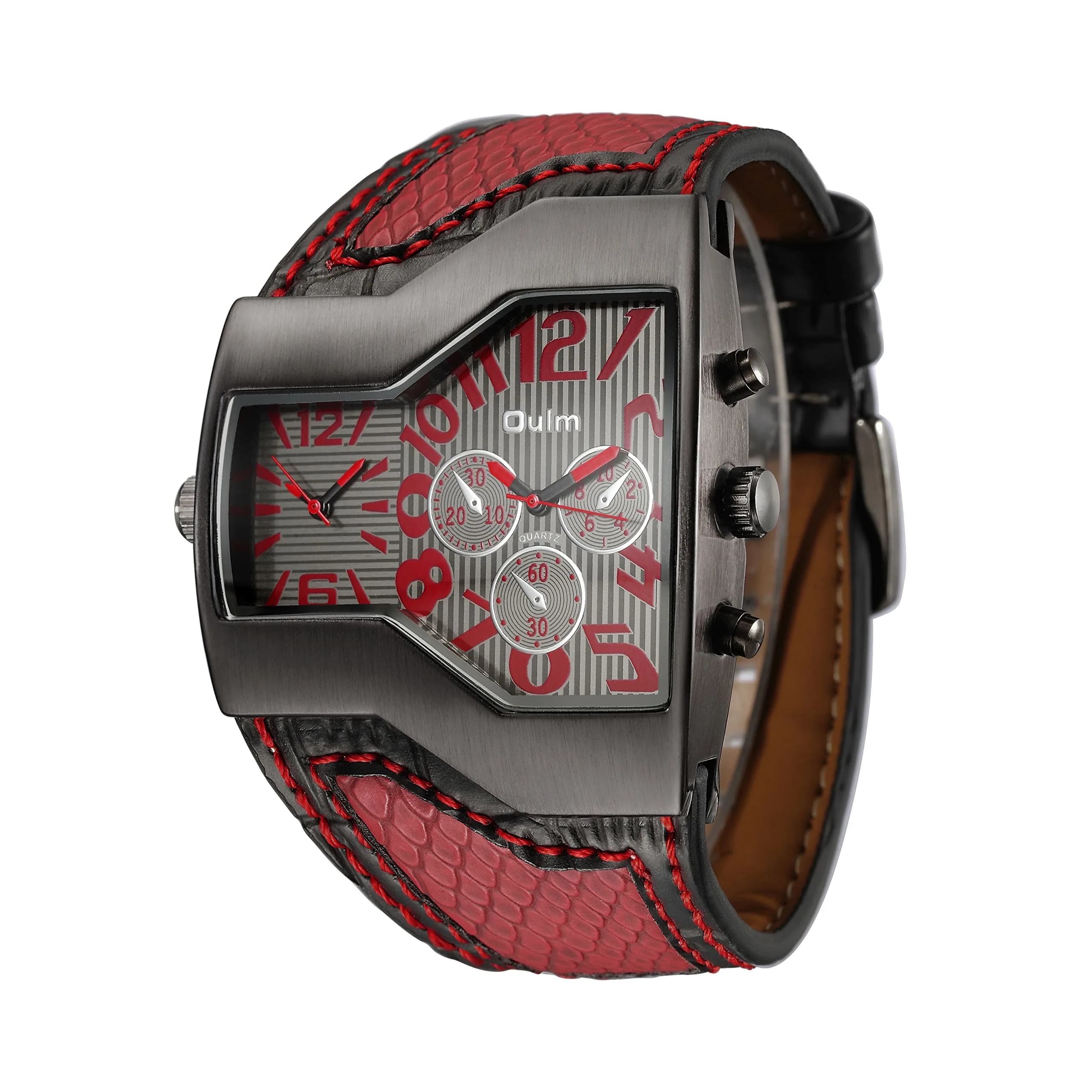 ShoppeWatch Dual Time Quartz Watch 54mm (2.13in) with Red Leather Strap | Oversized Dress Watch for Men - view 2