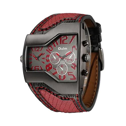 ShoppeWatch Dual Time Quartz Watch 54mm (2.13in) with Red Leather Strap | Oversized Dress Watch for Men thumbnail 2