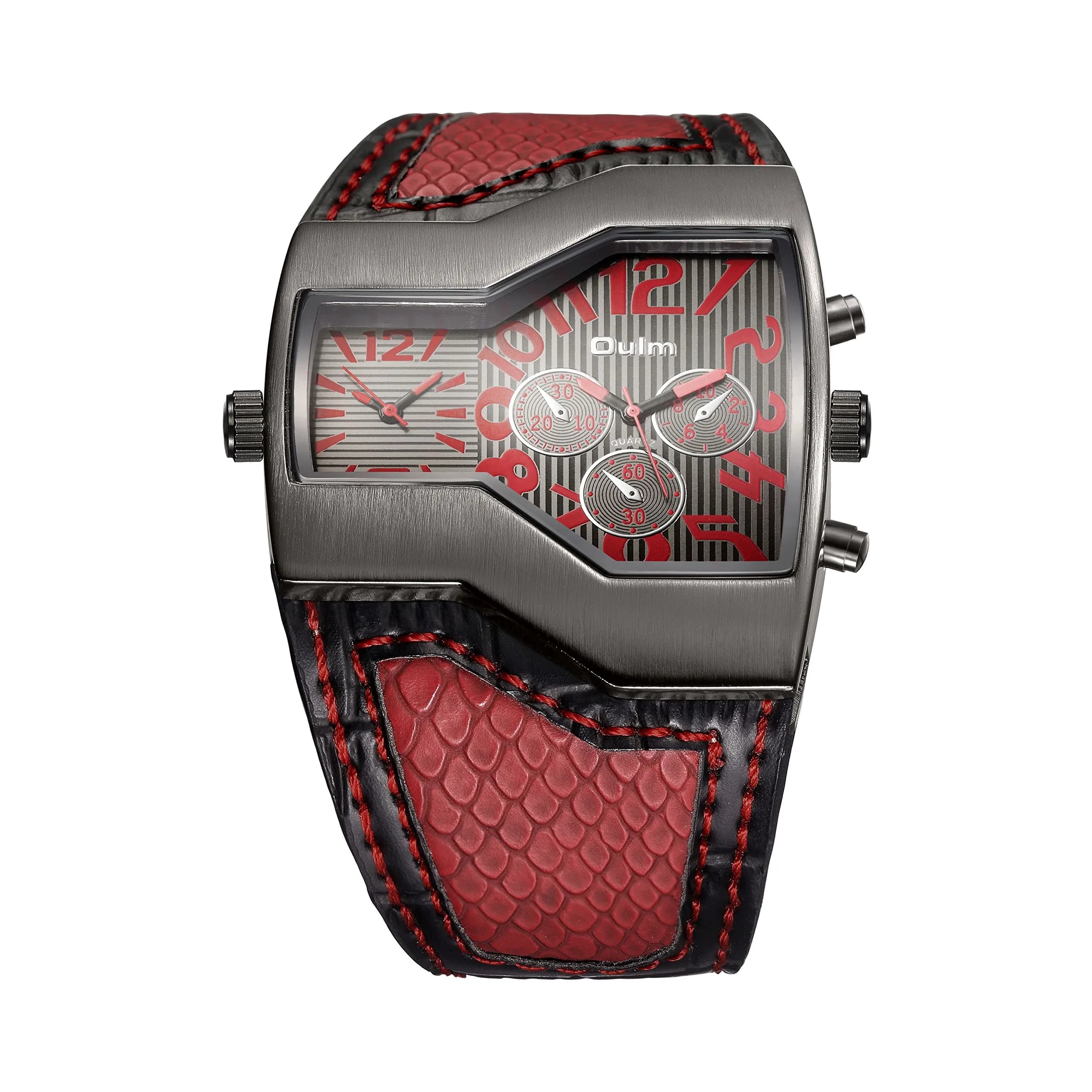 ShoppeWatch Dual Time Quartz Watch 54mm (2.13in) with Red Leather Strap | Oversized Dress Watch for Men - view 3