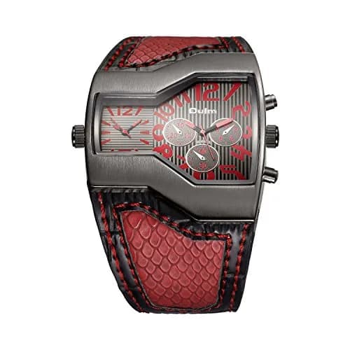 ShoppeWatch Dual Time Quartz Watch 54mm (2.13in) with Red Leather Strap | Oversized Dress Watch for Men thumbnail 3