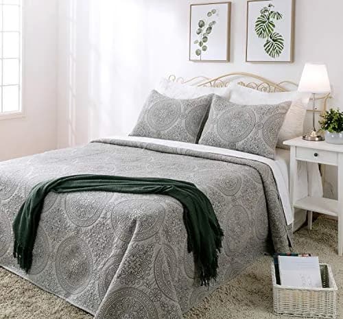 ELEGANT LIFE HOME Reversible Medallion Embroidered Bedding Solid 100% Cotton Quilt - Queen 90 x 95 inches, Gray thumbnail 1