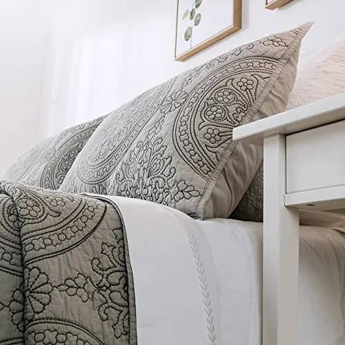 ELEGANT LIFE HOME Reversible Medallion Embroidered Bedding Solid 100% Cotton Quilt - Queen 90 x 95 inches, Gray thumbnail 4