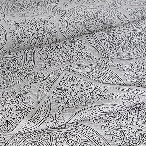 ELEGANT LIFE HOME Reversible Medallion Embroidered Bedding Solid 100% Cotton Quilt - Queen 90 x 95 inches, Gray thumbnail 7