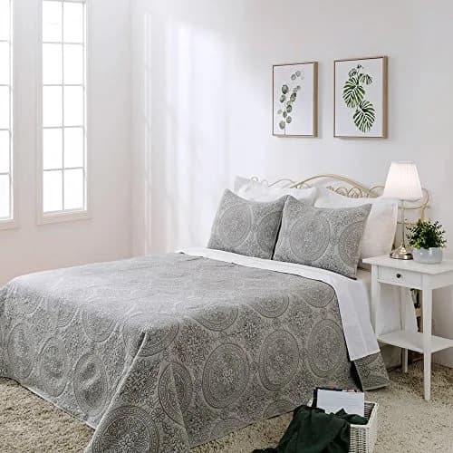 ELEGANT LIFE HOME Reversible Medallion Embroidered Bedding Solid 100% Cotton Quilt - Queen 90 x 95 inches, Gray thumbnail 2