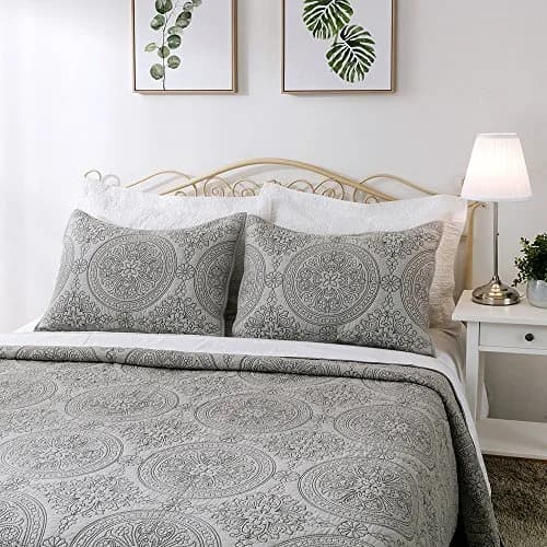 ELEGANT LIFE HOME Reversible Medallion Embroidered Bedding Solid 100% Cotton Quilt - Queen 90 x 95 inches, Gray thumbnail 3