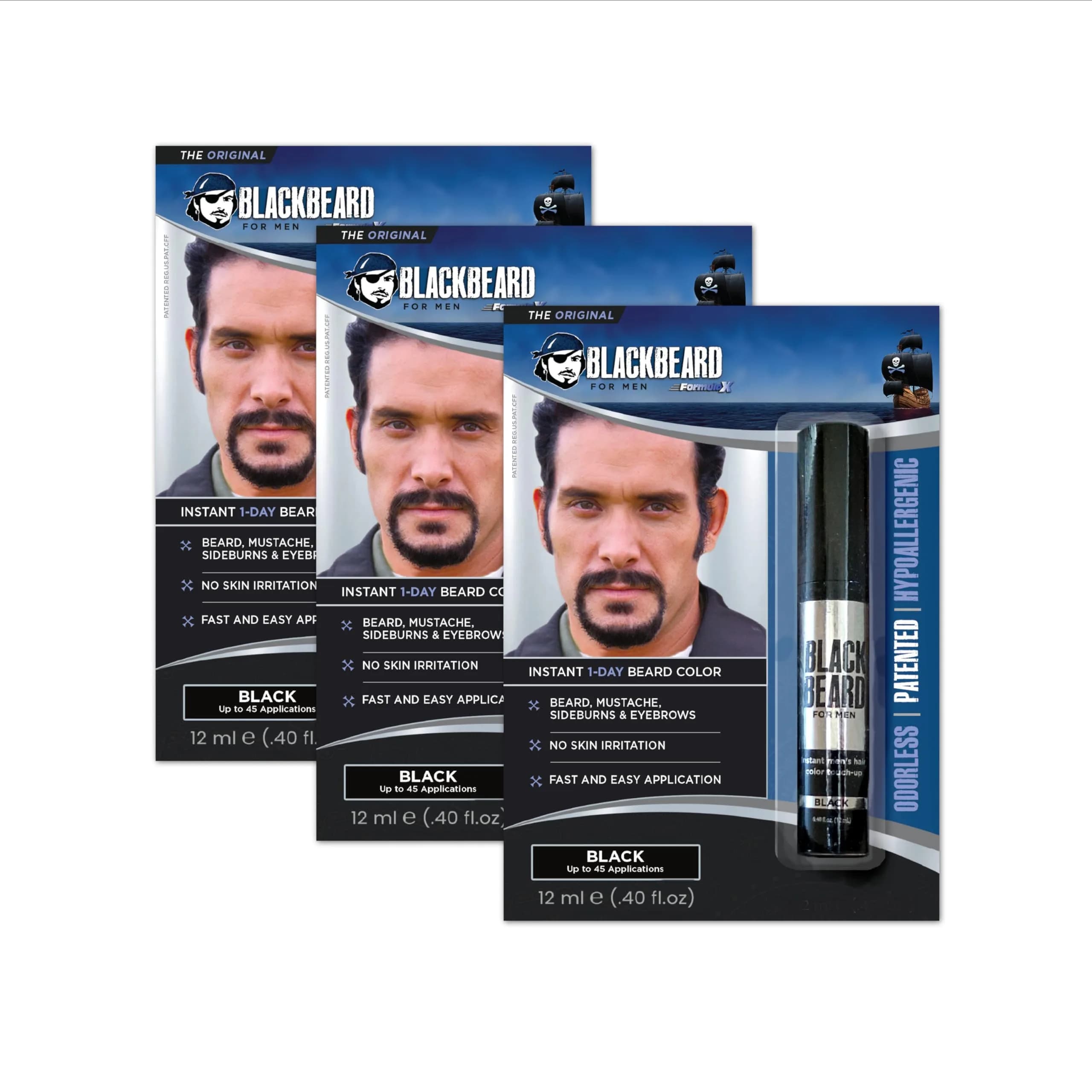 Blackbeard for Men Instant Beard Color, Black, 3 Pack | Waterproof, Hypoallergenic, Lasts All Day — Black