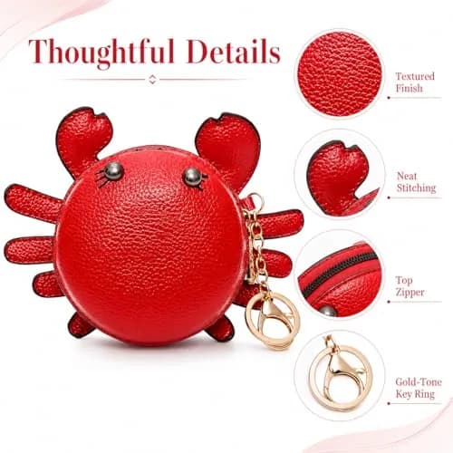 QZUnique Crab Coin Purse Keychain Bag - Red 9.5cm (3.74"L x 1.96"W x 3.74"H) | Cute Animal Shaped Zippered Pouch thumbnail 4