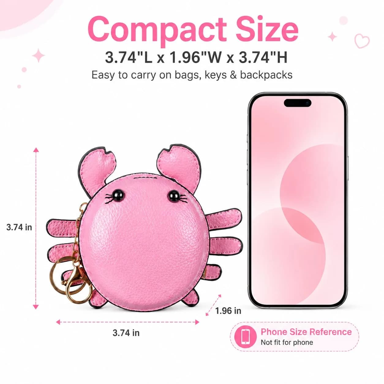 QZUnique Crab Coin Purse Keychain Bag - Pink 7.4cm (2.9in) | Cute 3D Animal Shaped Change Pouch with Zipper thumbnail 2