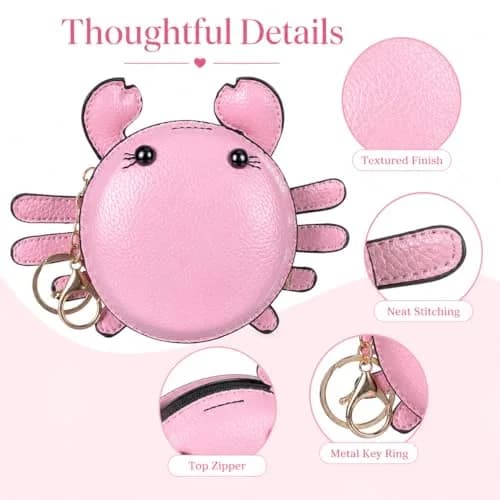 QZUnique Crab Coin Purse Keychain Bag - Pink 7.4cm (2.9in) | Cute 3D Animal Shaped Change Pouch with Zipper thumbnail 3