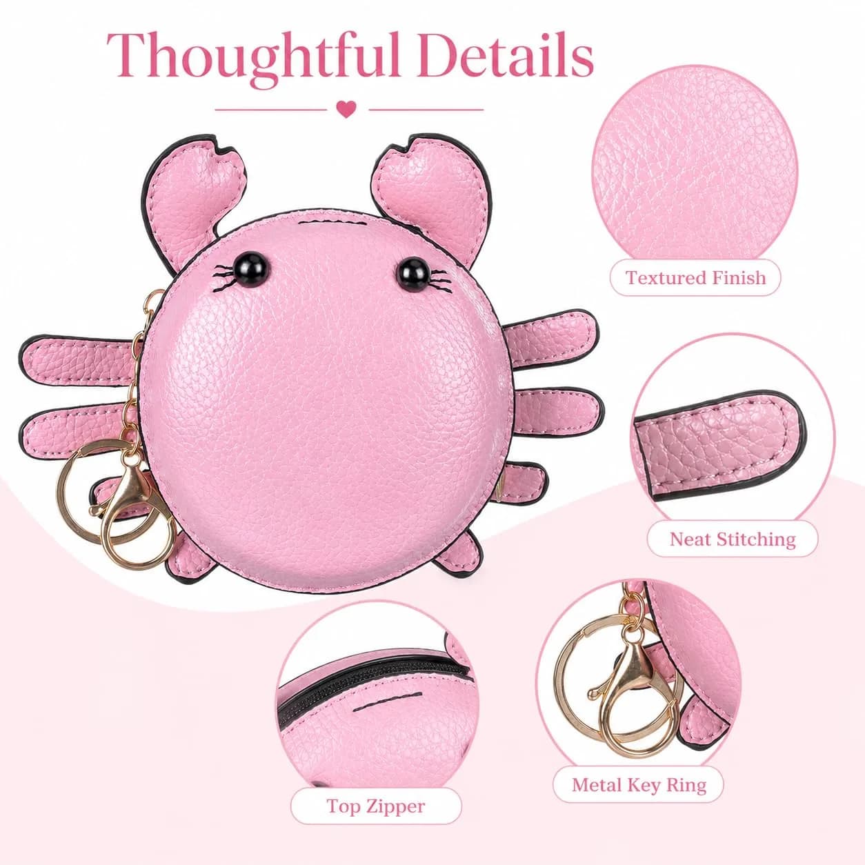 QZUnique Crab Coin Purse Keychain Bag - Pink 7.4cm (2.9in) | Cute 3D Animal Shaped Change Pouch with Zipper thumbnail 3