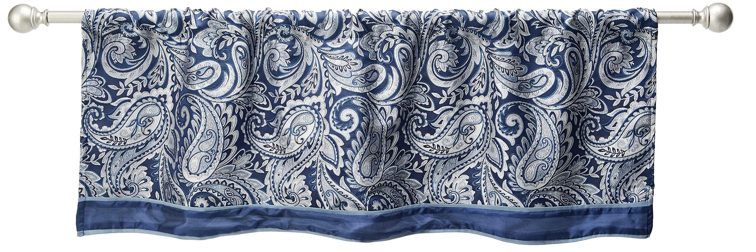 Madison Park Faux Silk Paisley Jacquard Valance, 50x18" Black | Elegant Rod Pocket Window Decor — Navy Valance