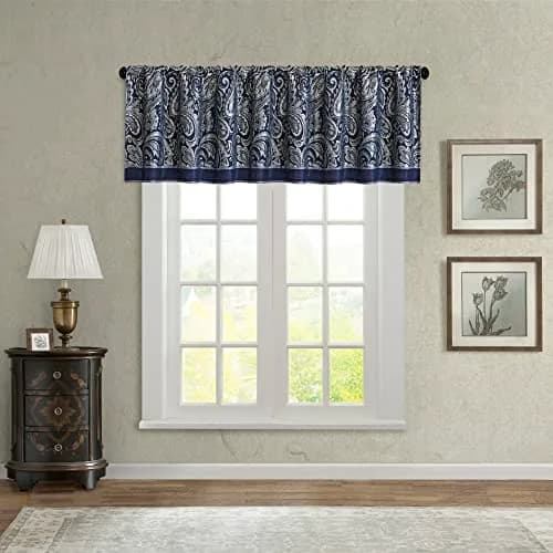 Madison Park Faux Silk Paisley Jacquard Valance 50x18" Navy | Elegant Paisley Design with Beaded Trim thumbnail 2