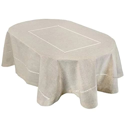 Grelucgo Handmade Double Hemstitch Natural Oval Tablecloth 54x72 Inch | Rustic & Durable thumbnail 1
