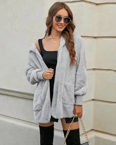 LookbookStore Womens Cardigan 2026 Light Grey | Oversized Fleece Hooded Coat thumbnail 4