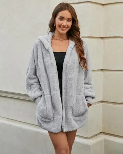 LookbookStore Womens Cardigan 2026 Light Grey | Oversized Fleece Hooded Coat thumbnail 5