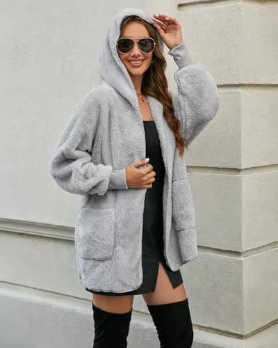 LookbookStore Womens Cardigan 2026 Light Grey | Oversized Fleece Hooded Coat thumbnail 6