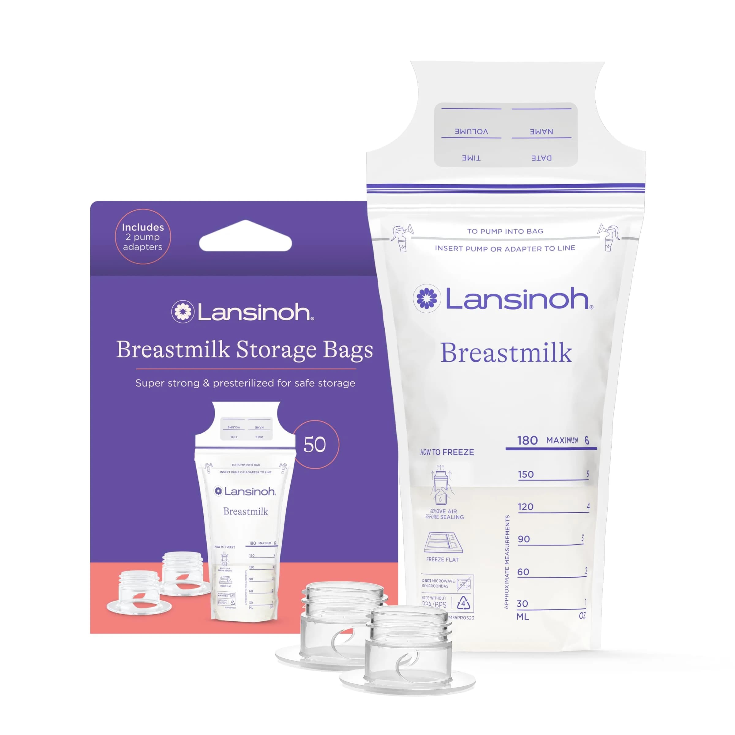 Lansinoh Breastmilk Storage Bags 6oz (177ml) with 2 Pump Adapters | USA-Imported, BPA-Free, 50 Count