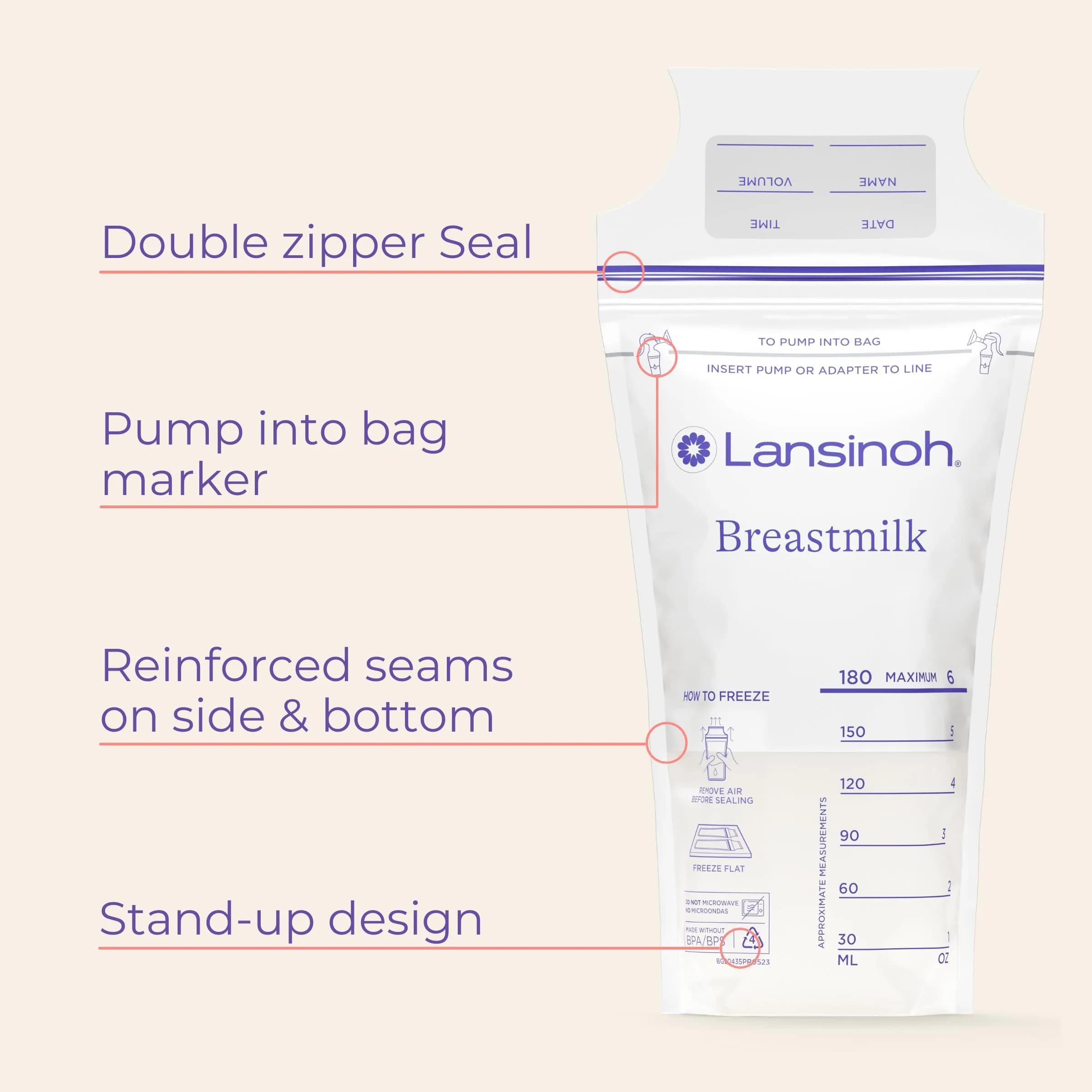 Lansinoh Breastmilk Storage Bags 6oz (177ml) with 2 Pump Adapters | USA-Imported, BPA-Free, 50 Count - view 8