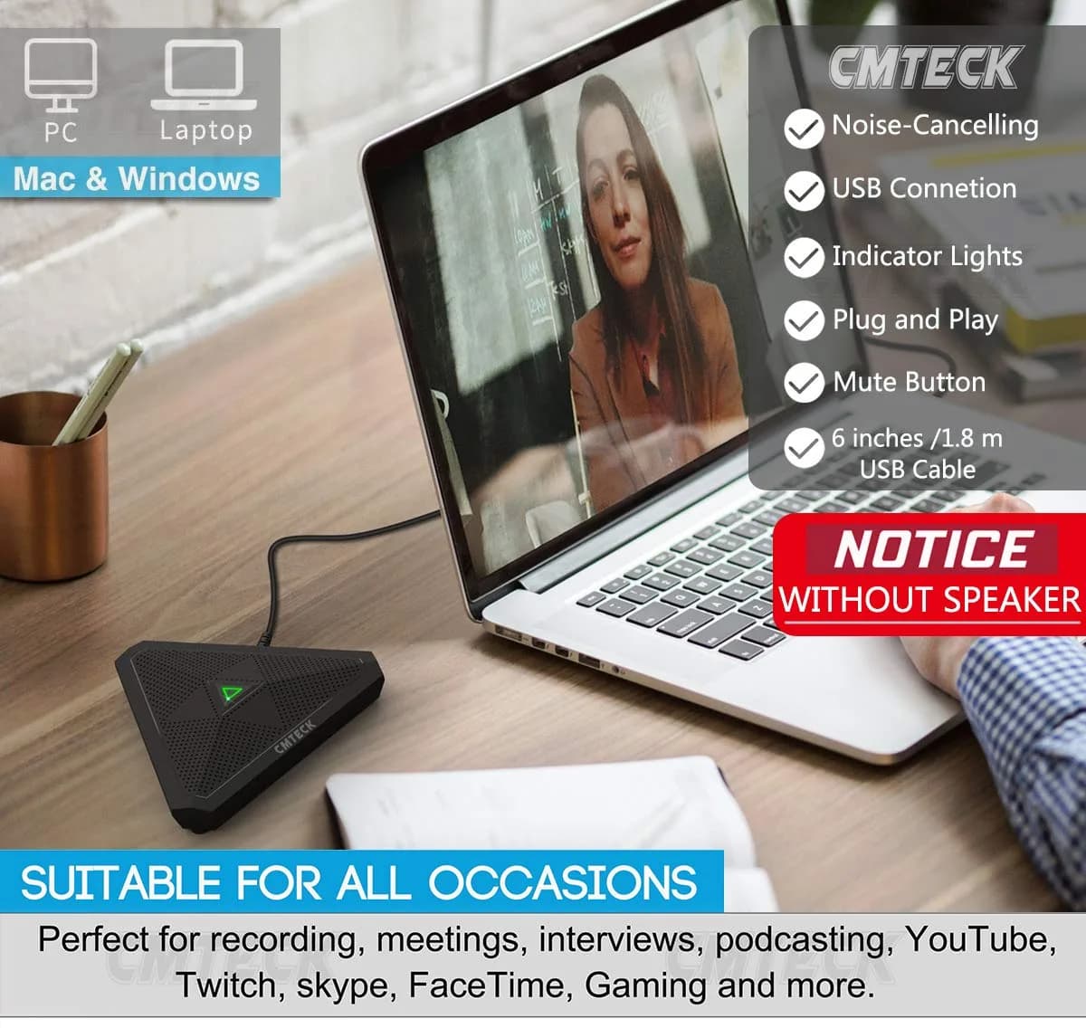 CMTECK Conference USB Microphone, Omnidirectional Boundary Mic with Mute Button | 15.1 cm (5.94 in) Length - view 4