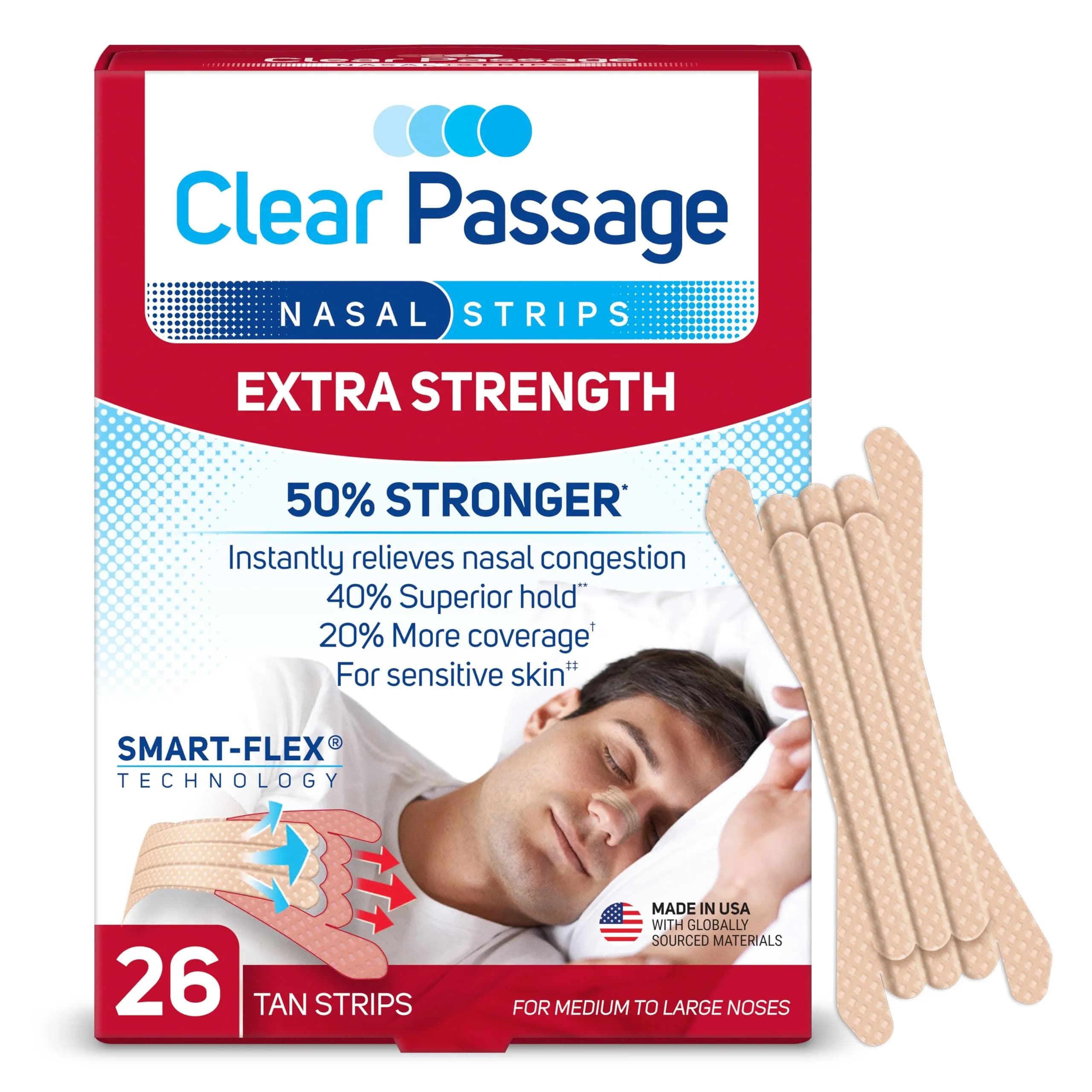 Clear Passage Nasal Strips Extra Strength 26 Count | Instantly Improve Sleep & Reduce Snoring — Tan