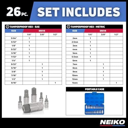 NEIKO Tamper-Proof Hex Bit Socket Set, 26 Pieces | SAE (5/64-9/16”) and Metric (2-14MM) thumbnail 6