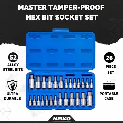 NEIKO Tamper-Proof Hex Bit Socket Set, 26 Pieces | SAE (5/64-9/16”) and Metric (2-14MM) thumbnail 2